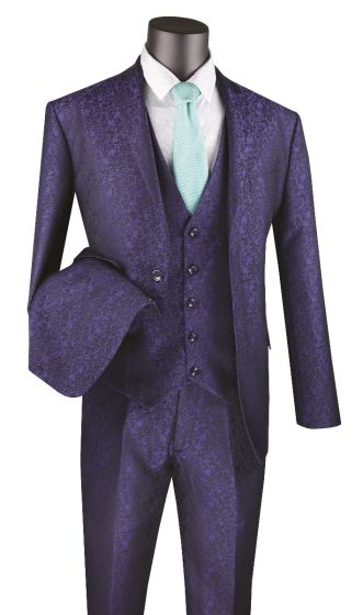 Vinci Men's 3 Piece Wool Feel Slim Fit Suit - Metallic Floral