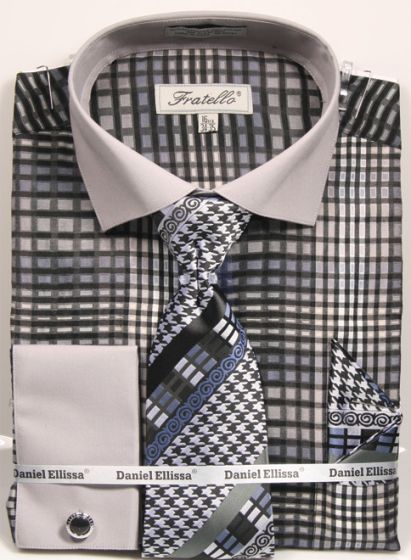 Fratello Men's French Cuff Dress Shirt Set - Geometric Checker