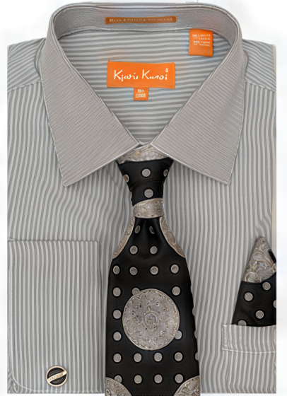 Karl Knox Men's French Cuff Fashion Striped Shirt Set - Dot Tie