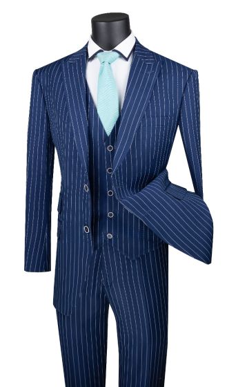 Vinci Men's 3 Piece Wool Feel Executive Suit - Vibrant Pinstripe