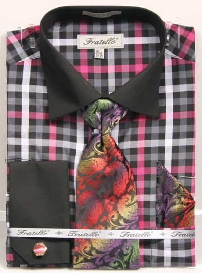 Fratello Men's French Cuff Dress Shirt Set - Vibrant Checker