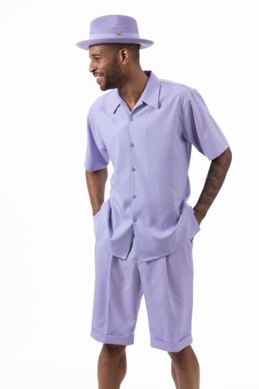 Montique Men's 2 Piece Short Set Walking Suit - Vertical Texture Stripes