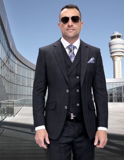 Statement Men's Outlet 3 Piece 100% Wool Fashion Suit - Layered Windowpane