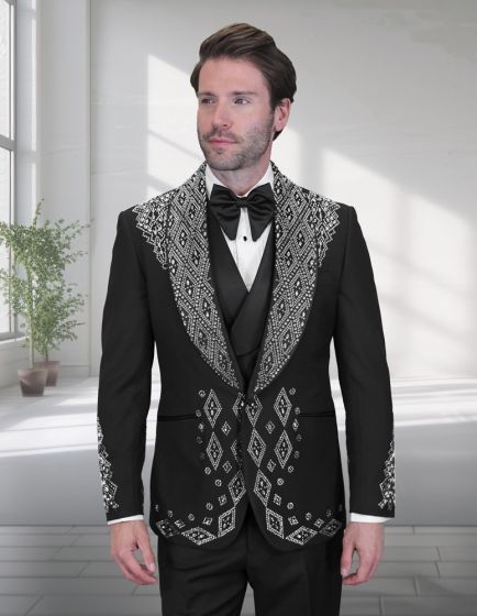 Statement Men's 3 Piece Modern Fit Tuxedo - Rhinestone Accents