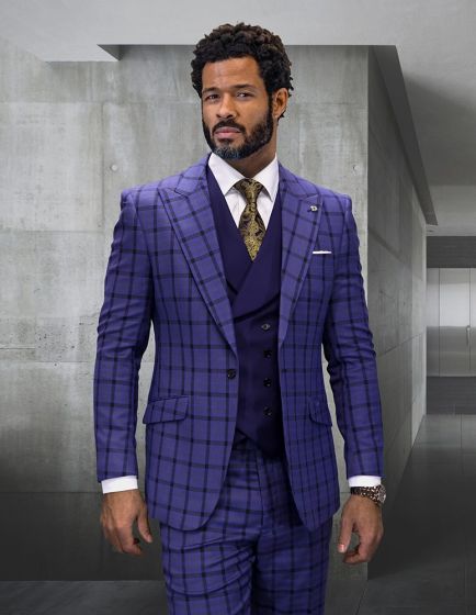 Statement Men's Outlet 3 Piece Modern Fit 100% Wool Suit - Plaid with Solid Vest
