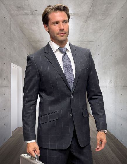 Statement Men's 100% Wool 2 Piece Suit - Thin Windowpane