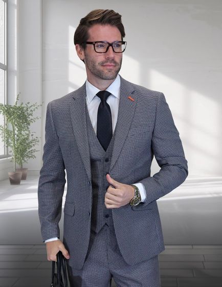 Statement Men's 3 Piece 100% Wool Modern Fit Suit - Micro Checker Pattern