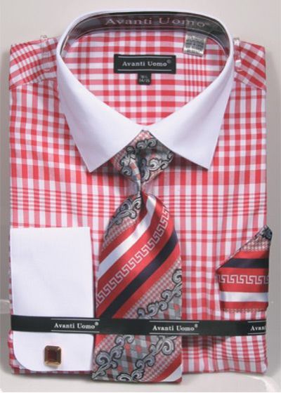 Avanti Uomo Men's French Cuff Outlet Shirt Set - Plaid Pattern
