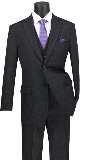 Vinci Men's 3 Piece Wool Feel Executive Suit - Windowpane
