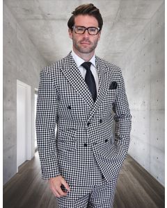 Statement Men's 2 Piece 100% Wool Double Breasted Suit - Houndstooth Pattern