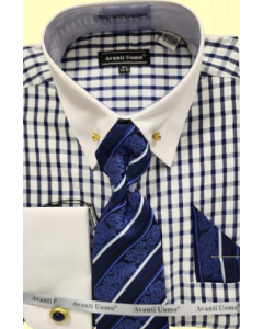Avanti Uomo Men's Windowpane French Cuff Shirt Set - Collar Bar