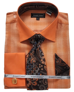 Avanti Uomo Men's French Cuff Shirt Set - Glen Check with Solid Collar