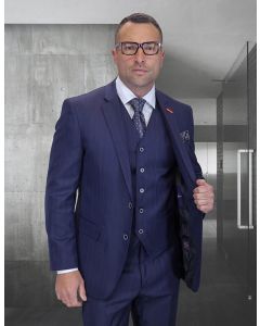 Statement Men's 3 Piece 100% Wool Fashion Suit - Herringbone Stripes