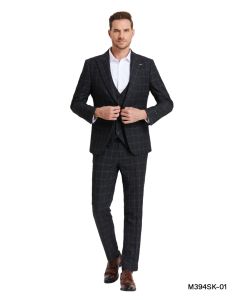 Tazio Men's 3 Piece Skinny Fit Suit - Sharp Windowpane