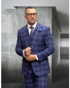 Statement Men's 3 Piece 100% Wool Plaid Fashion Suit - Double Breasted Vest