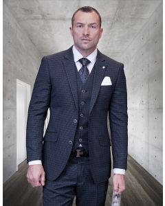 Statement Men's 3 Piece 100% Wool Cashmere Suit - Micro Plaid