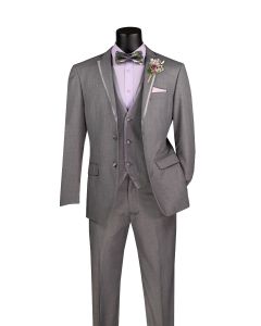 Vinci Men's 3 Piece Wool Feel Slim Fit Suit - Lapel Accent