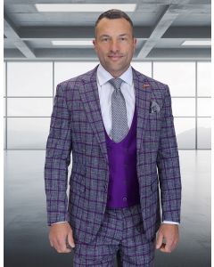 Statement Men's 3 Piece 100% Wool Modern Fit Suit - Solid Scoop Vest