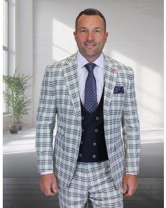 Statement Men's 3 Piece 100% Wool Modern Fit Suit - Accented Scoop Vest