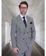 Statement Men's 2 Piece 100% Wool Double Breasted Suit - Houndstooth Pattern