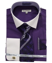 Daniel Ellissa Men's French Cuff Shirt Set - Geometric Jacquard Tie