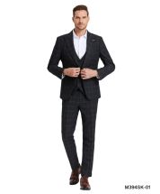 Tazio Men's 3 Piece Skinny Fit Suit - Sharp Windowpane