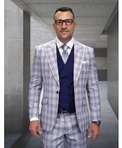 Statement Men's 3 Piece 100% Wool Modern Fit Suit - Plaid with Solid Vest
