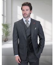 Statement Men's 3 Piece 100% Wool Modern Fit Suit - V-Neck Double Breasted Vest