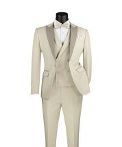Vinci Men's 3 Piece Wool Feel Slim Fit Suit - Contrasted Lapel