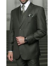 Vinci Men's 3 Piece Wool Feel Solid Color Suit - Flat Front Pants